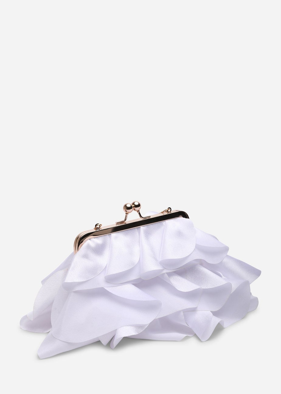 Where's That From Brume White Ruffled Satin Kiss-Lock Clutch Bag