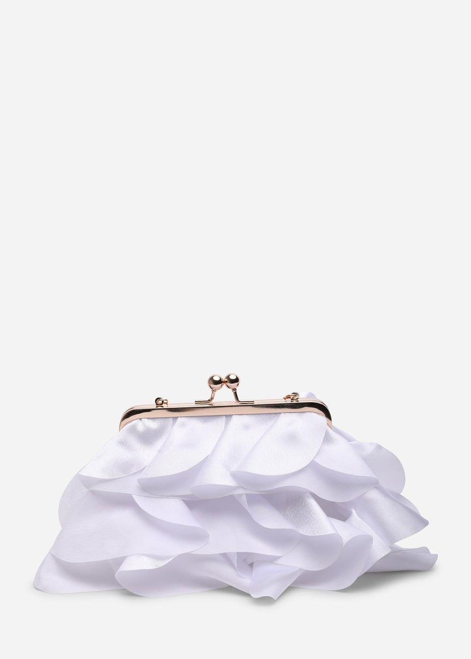 Where's That From Brume White Ruffled Satin Kiss-Lock Clutch Bag
