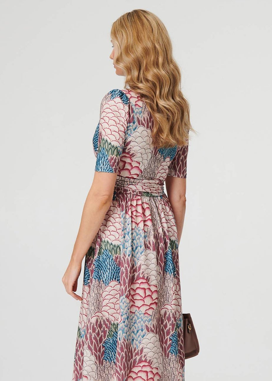 Izabel London Beige Printed 1/2 Sleeve Pleated Midi Dress