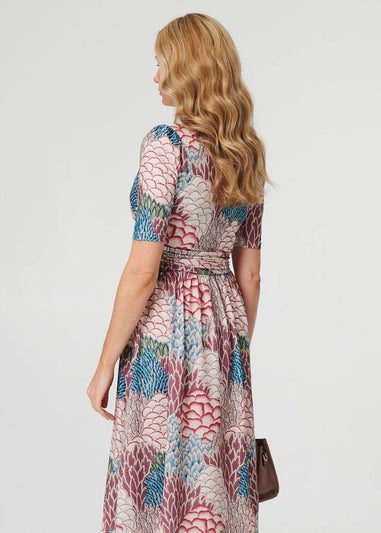 Izabel London Beige Printed 1/2 Sleeve Pleated Midi Dress