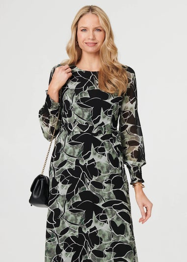 Izabel London Green Abstract Long Sleeve Layered Maxi Dress