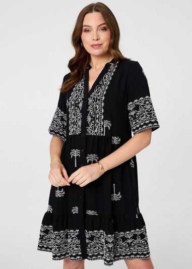 Izabel London Black Border Print 1/2 Sleeve Short Dress
