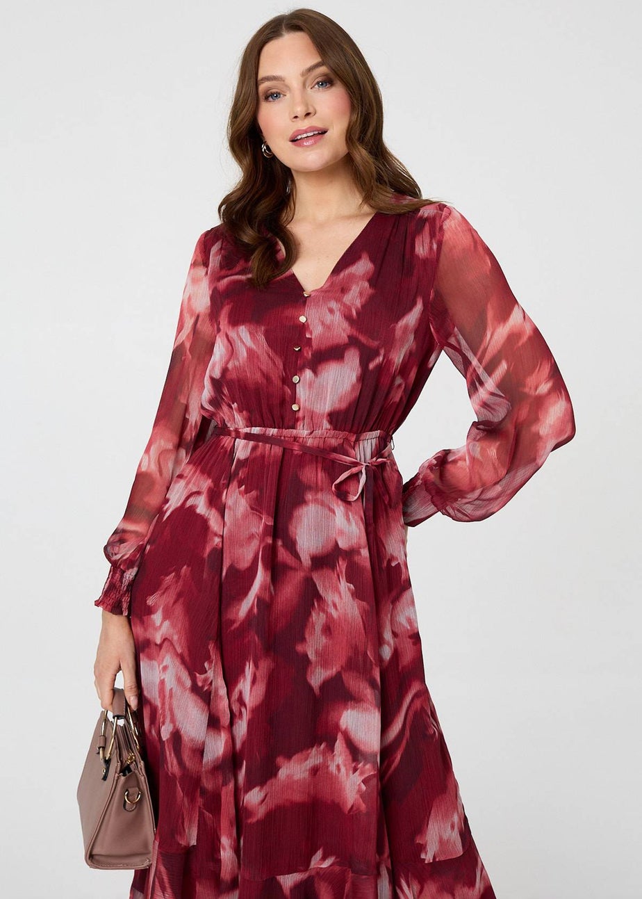 Izabel London Burgundy Abstract Floral Semi Sheer Midi Dress