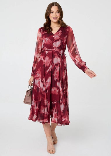 Izabel London Burgundy Abstract Floral Semi Sheer Midi Dress