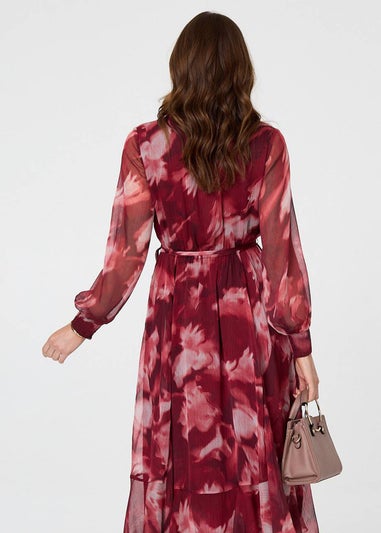 Izabel London Burgundy Abstract Floral Semi Sheer Midi Dress