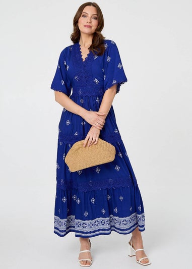 Izabel London Blue Border Print 1/2 Sleeve Maxi Dress