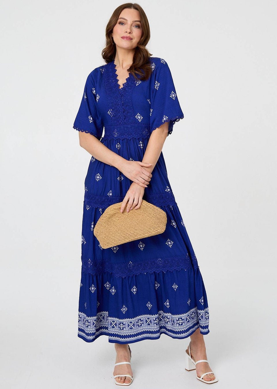 Izabel London Blue Border Print 1/2 Sleeve Maxi Dress