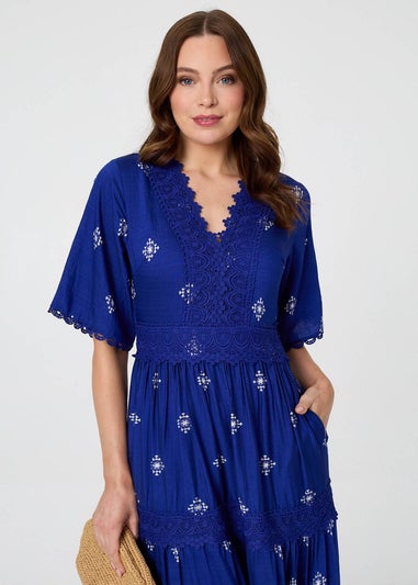 Izabel London Blue Border Print 1/2 Sleeve Maxi Dress