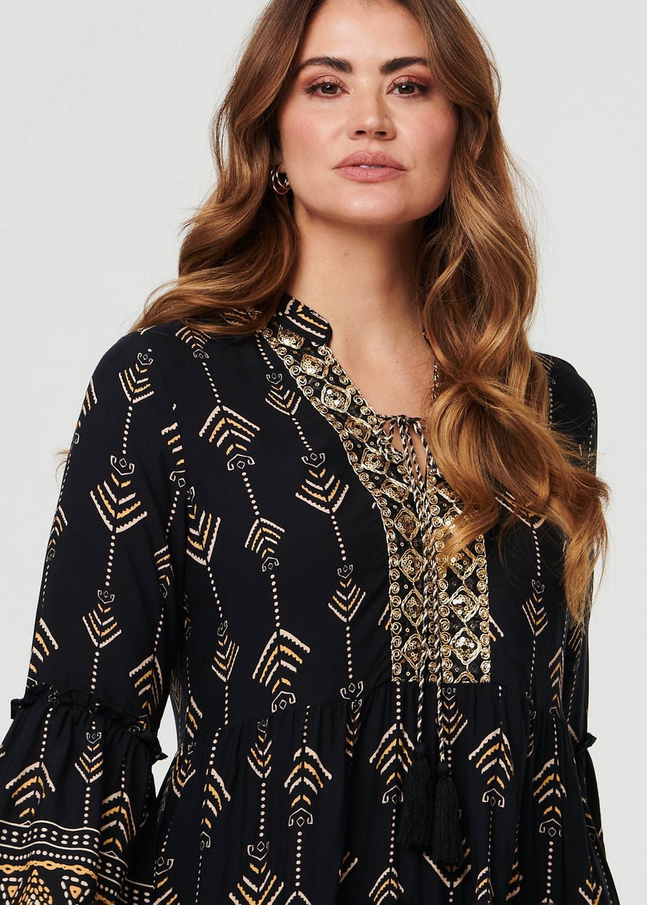 Izabel London Black Printed Metallic Trim Knee Length Dress