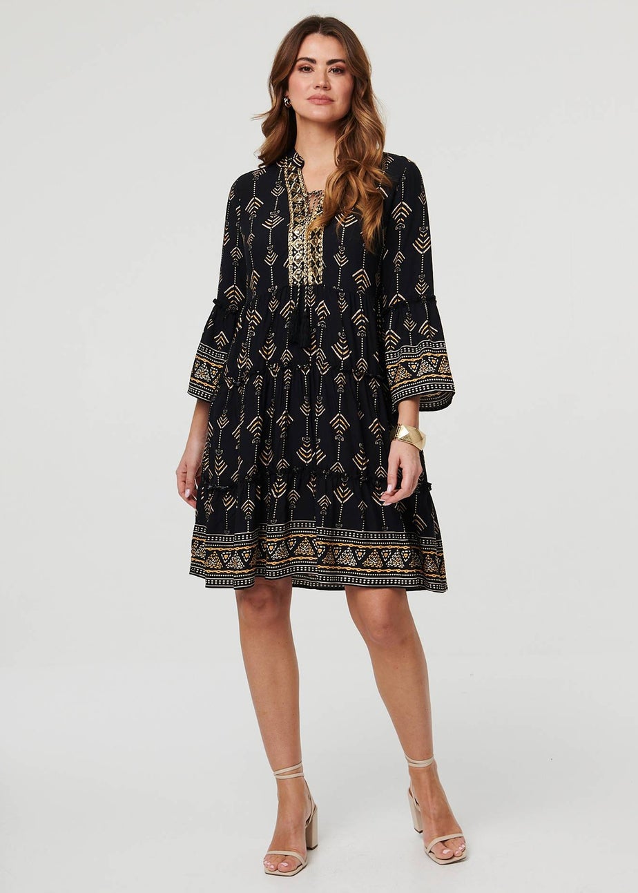 Izabel London Black Printed Metallic Trim Knee Length Dress