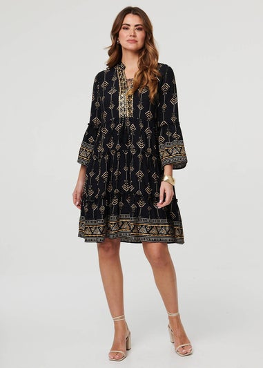 Izabel London Black Printed Metallic Trim Knee Length Dress