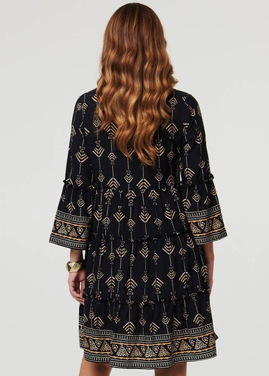 Izabel London Black Printed Metallic Trim Knee Length Dress