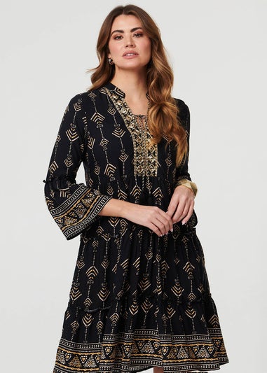 Izabel London Black Printed Metallic Trim Knee Length Dress