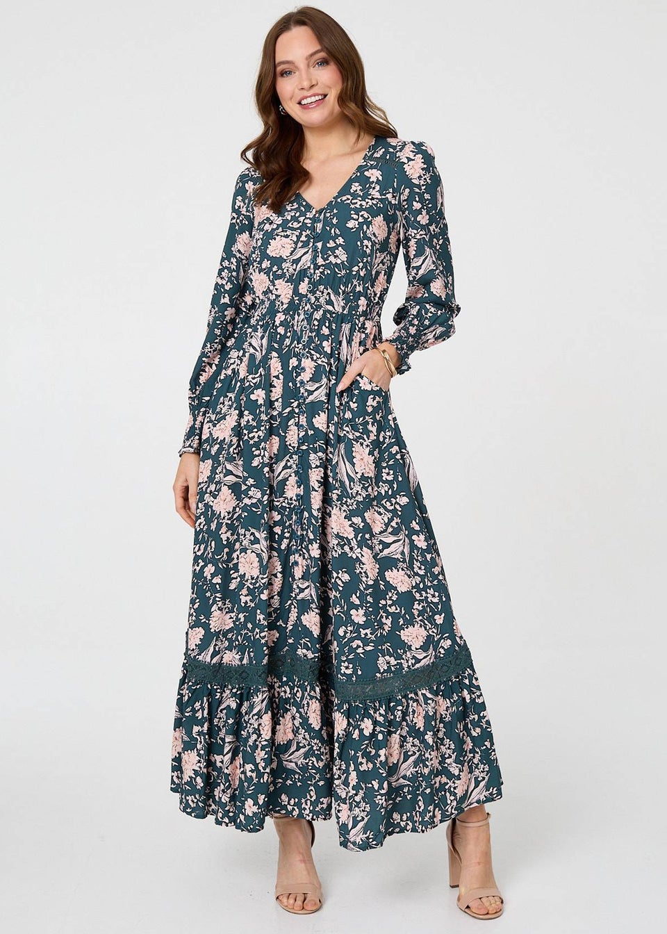 Izabel London Teal Floral Long Sleeve Lace Maxi Dress