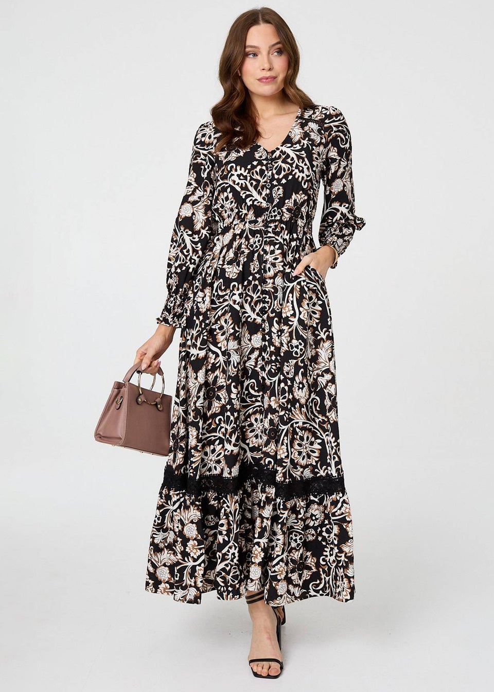 Izabel London Black Floral Lace Trim Long Sleeve Maxi Dress