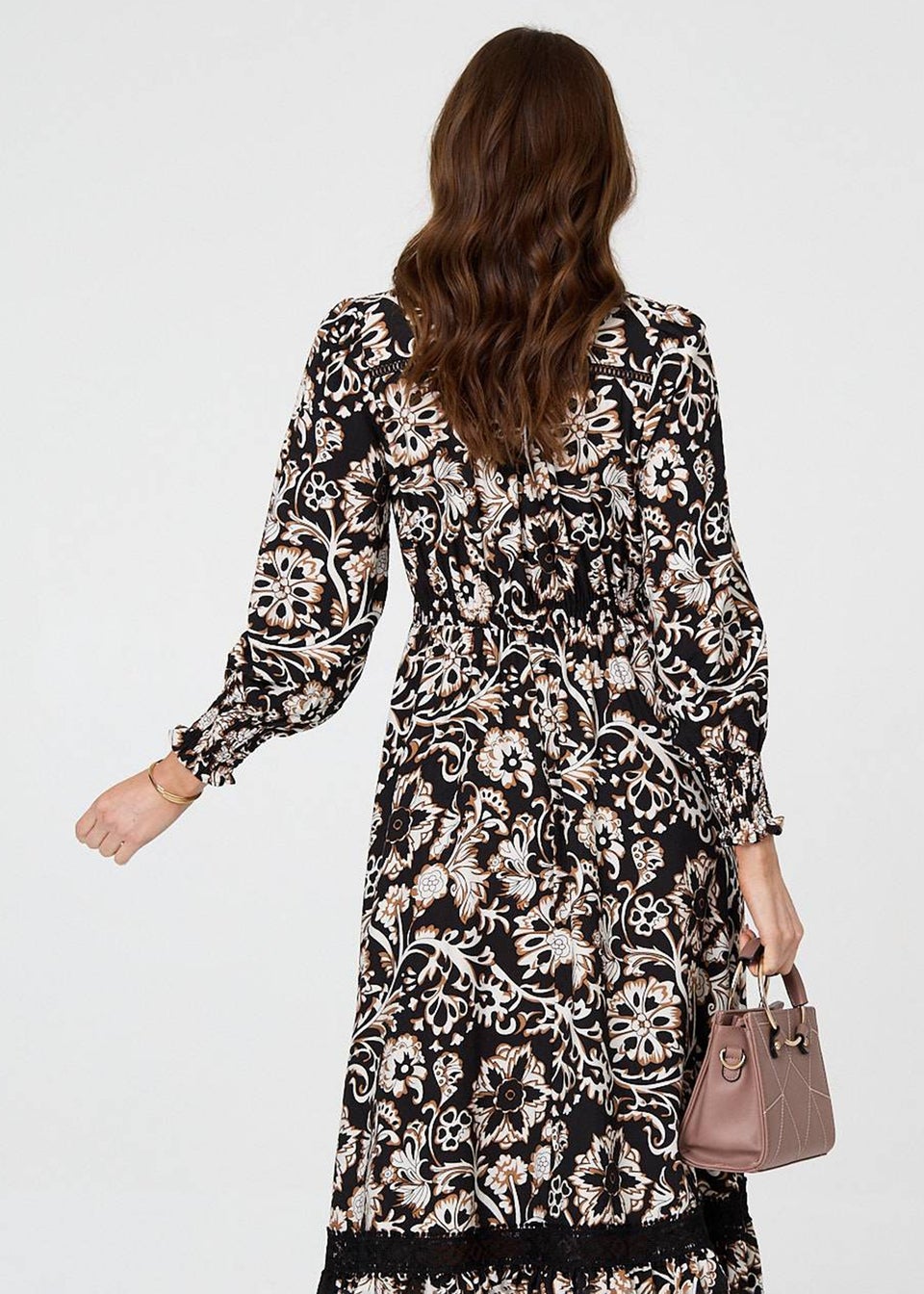 Izabel London Black Floral Lace Trim Long Sleeve Maxi Dress