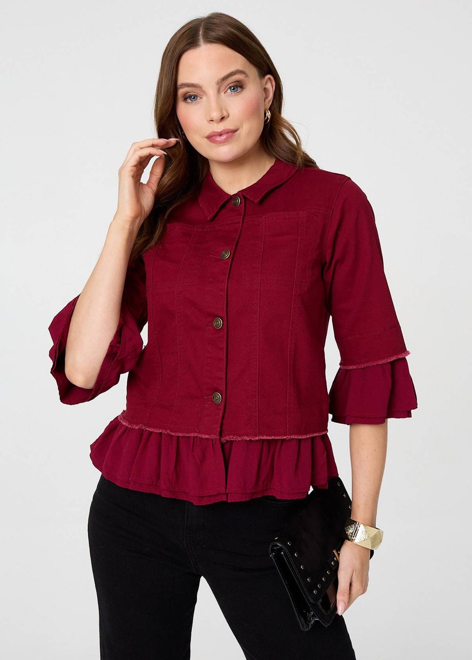 Izabel London Burgundy Frilled Hem 3/4 Flare Sleeve Shirt