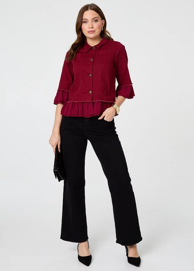 Izabel London Burgundy Frilled Hem 3/4 Flare Sleeve Shirt
