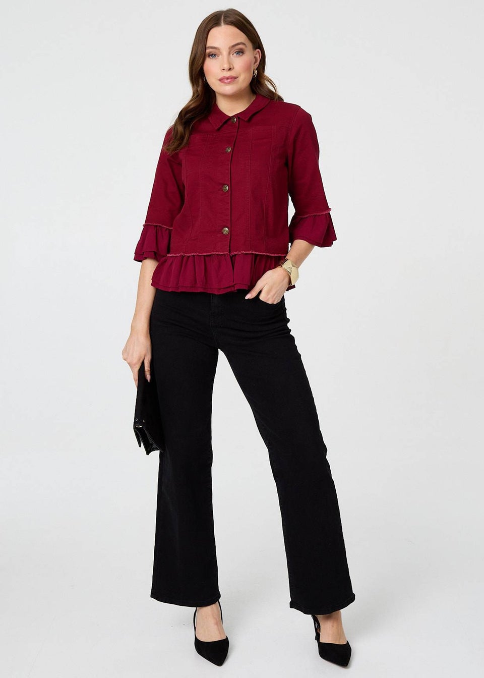 Izabel London Burgundy Frilled Hem 3/4 Flare Sleeve Shirt