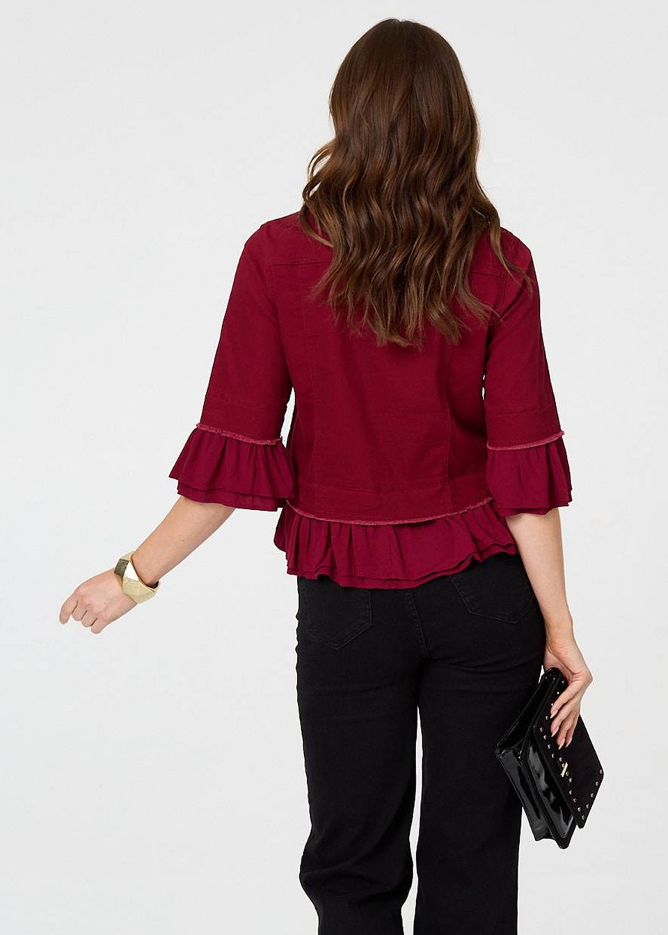 Izabel London Burgundy Frilled Hem 3/4 Flare Sleeve Shirt