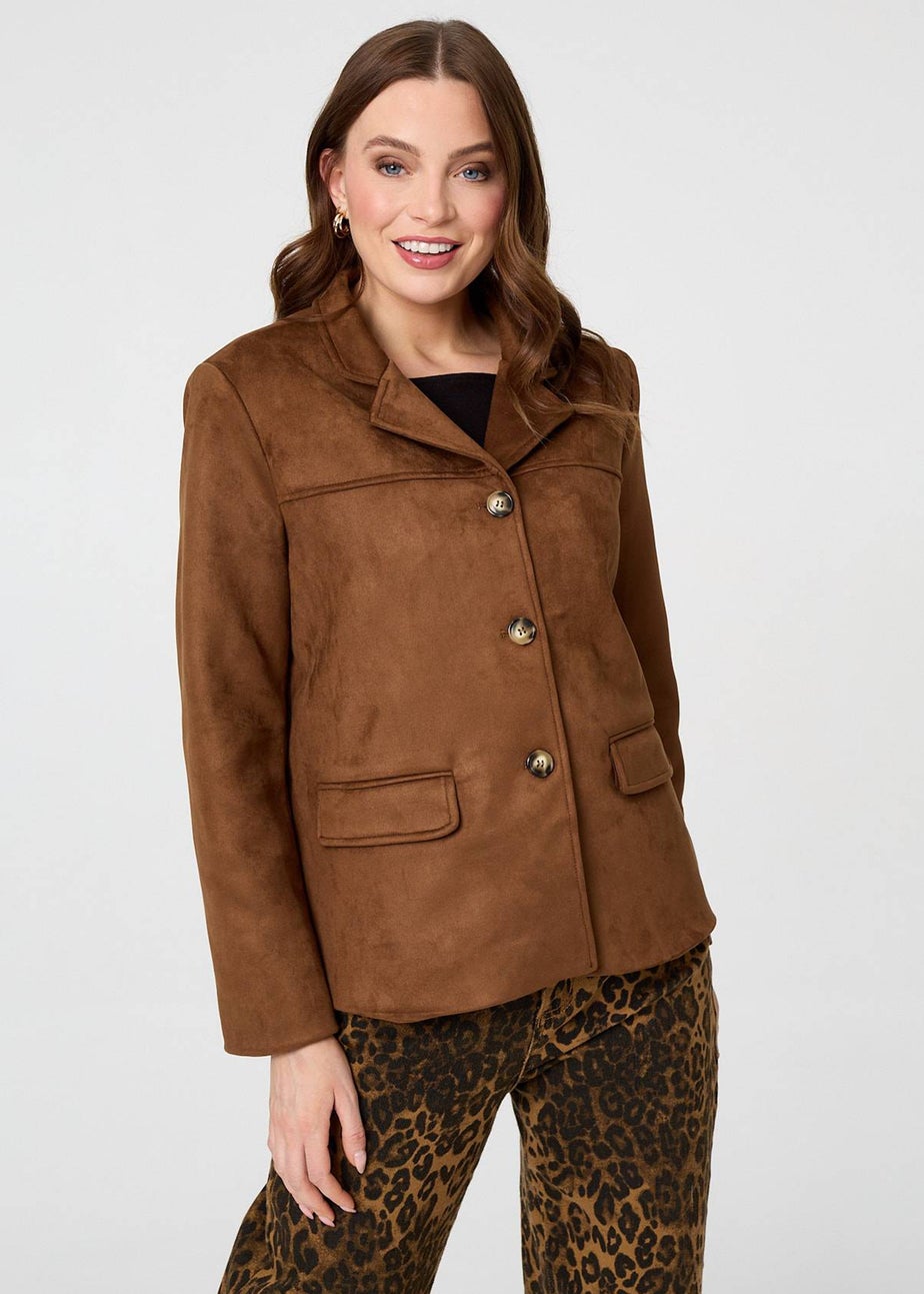 Izabel London Brown Faux Suede Pocket Front Slim Jacket