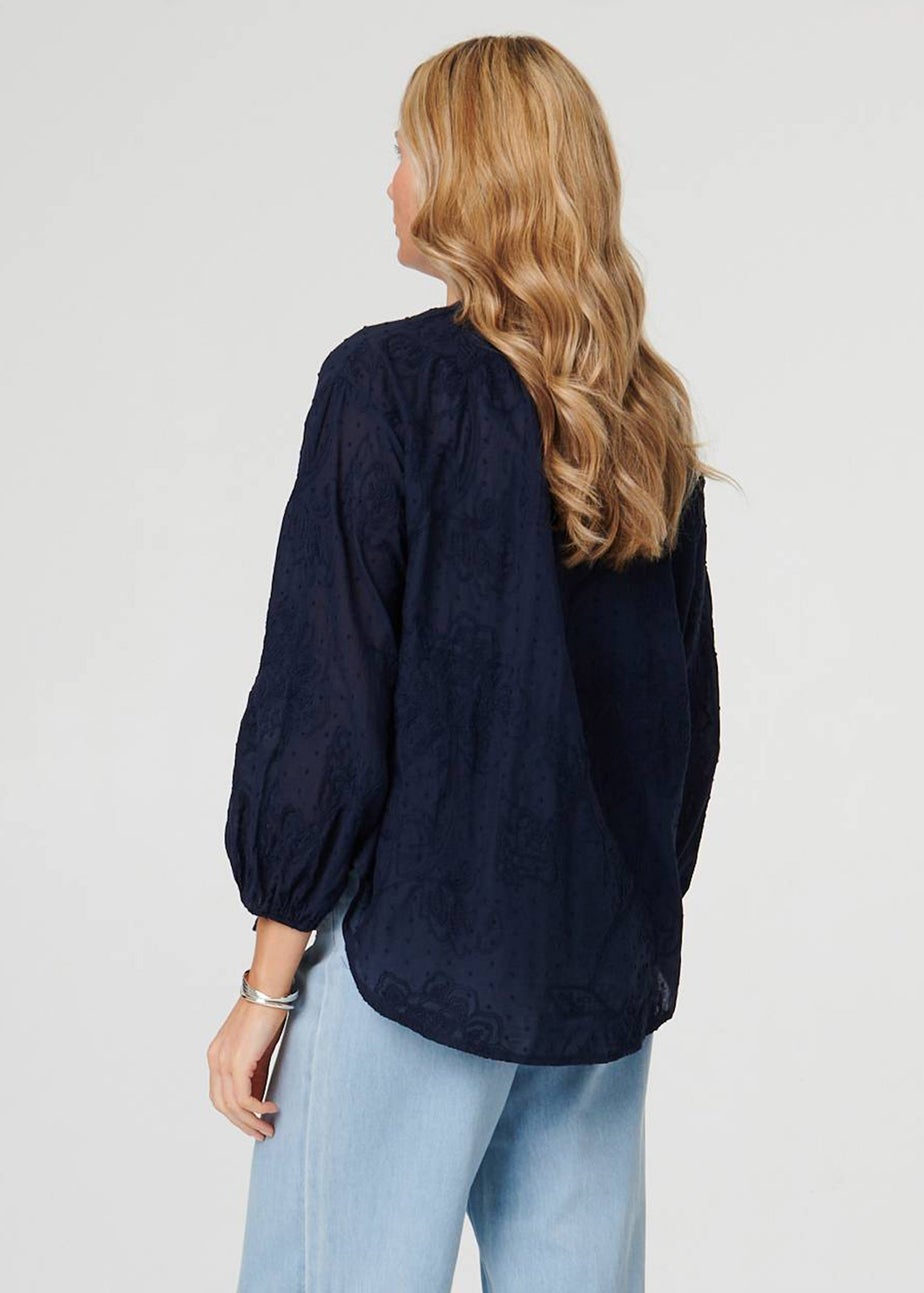 Izabel London Navy Embroidered Layered Long Sleeve Blouse