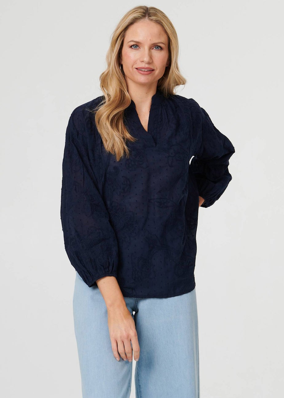 Izabel London Navy Embroidered Layered Long Sleeve Blouse