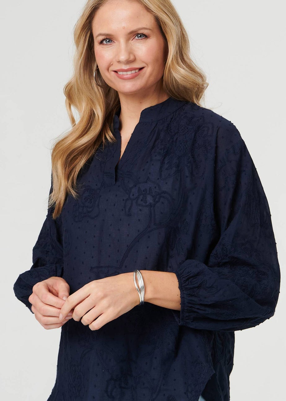 Izabel London Navy Embroidered Layered Long Sleeve Blouse