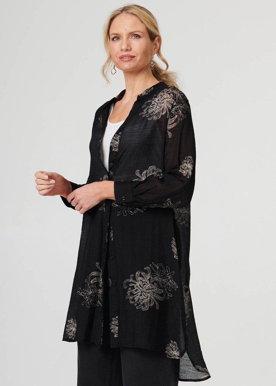 Izabel London Black Floral Semi Sheer Longline Tunic Shirt