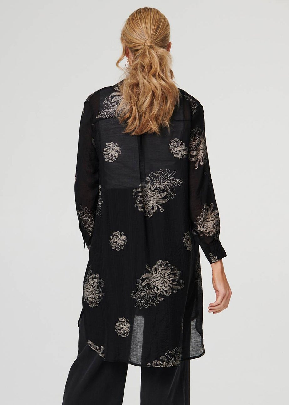 Izabel London Black Floral Semi Sheer Longline Tunic Shirt