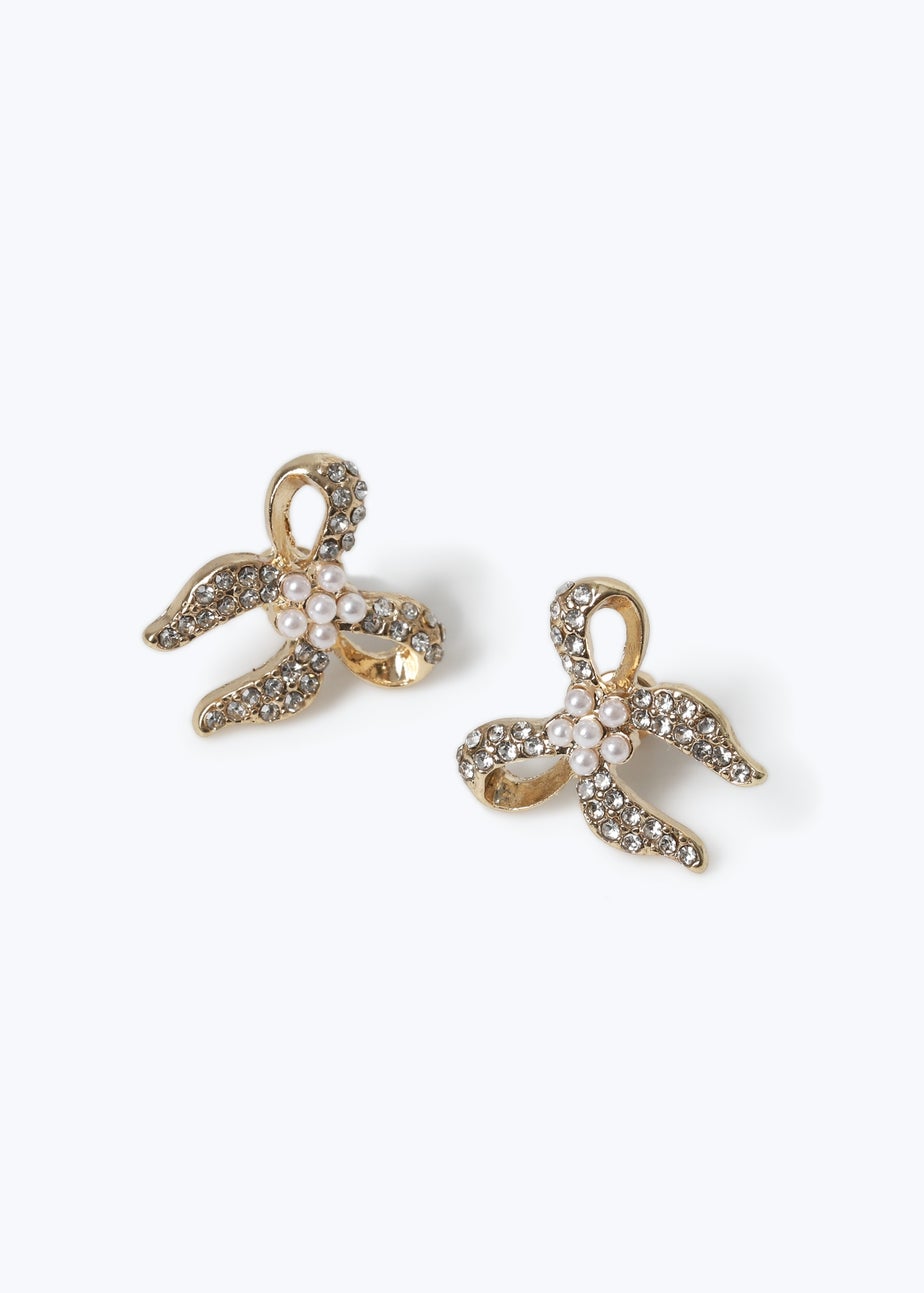 Muse Gold Pearl Bow Stud Earrings