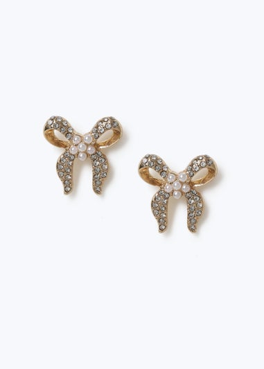 Muse Gold Pearl Bow Stud Earrings