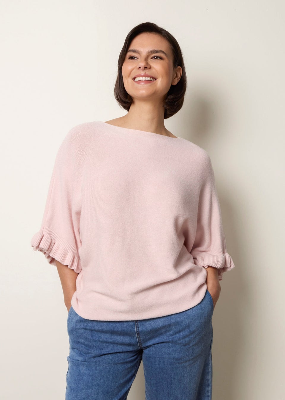 Blue Vanilla Pink Knitted Frill Sleeve Batwing Jumper