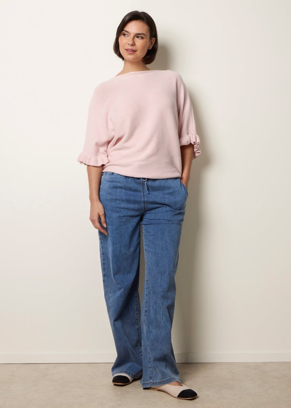 Blue Vanilla Pink Knitted Frill Sleeve Batwing Jumper