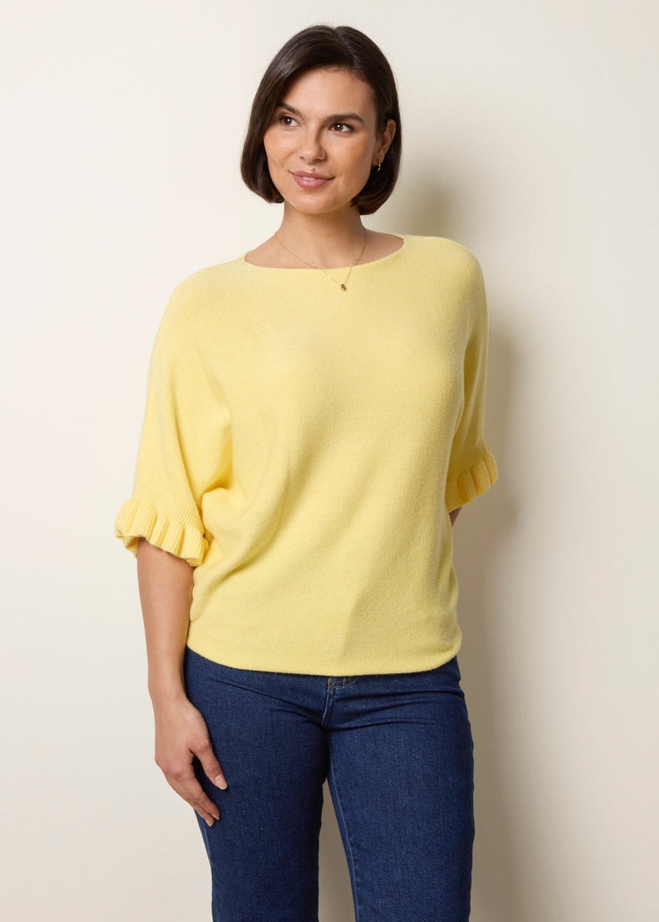 Blue Vanilla Yellow Knitted Frill Sleeve Batwing Jumper