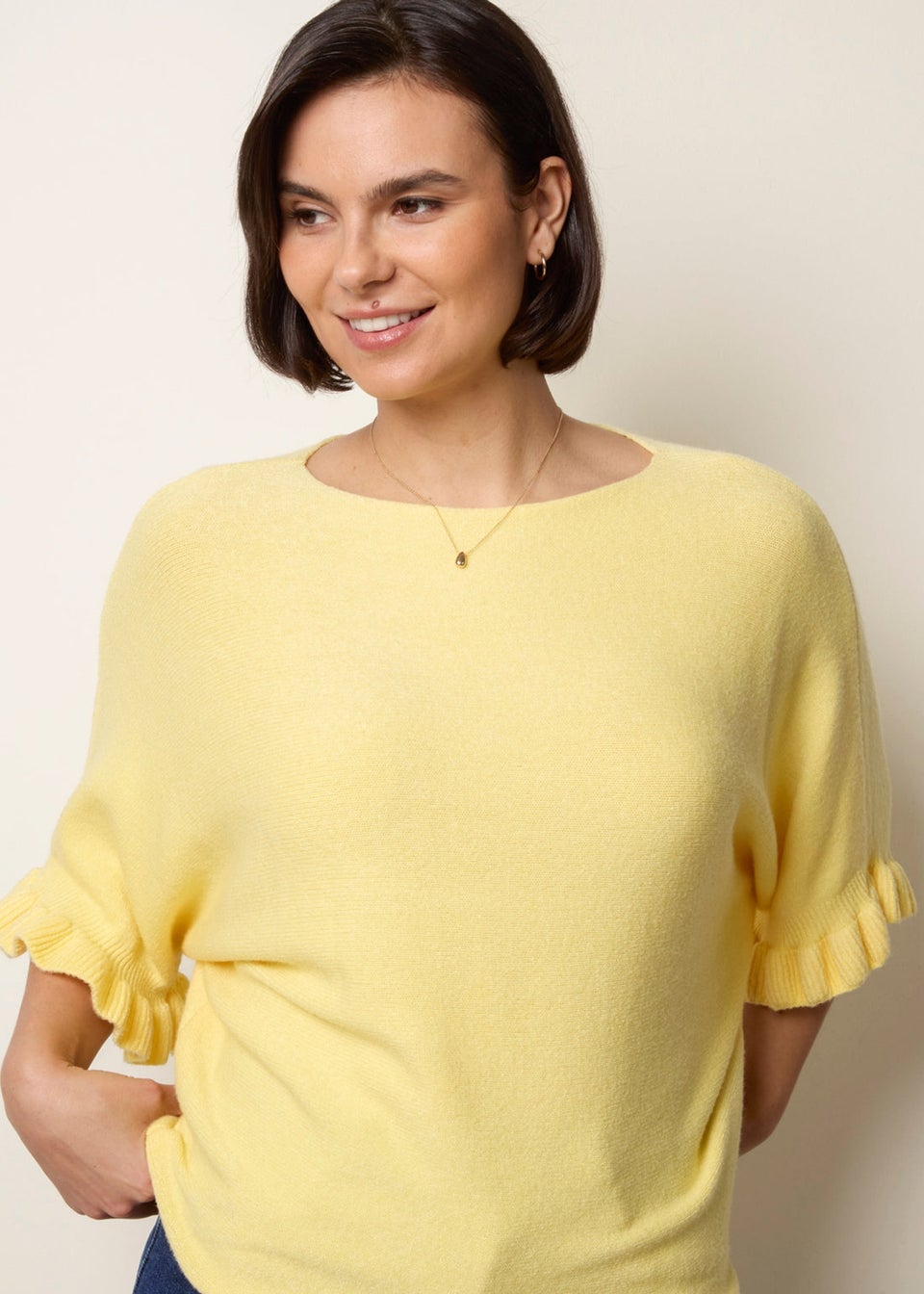 Blue Vanilla Yellow Knitted Frill Sleeve Batwing Jumper