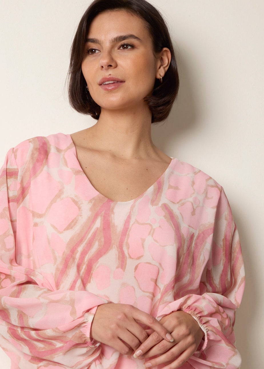 Blue Vanilla Pink Abstract Print V Neck Puffball Top