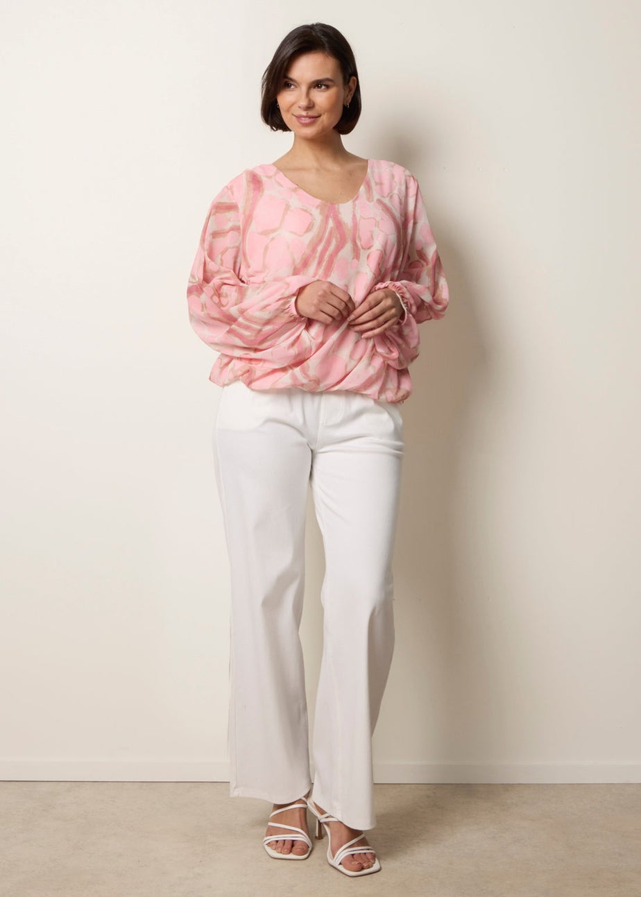 Blue Vanilla Pink Abstract Print V Neck Puffball Top