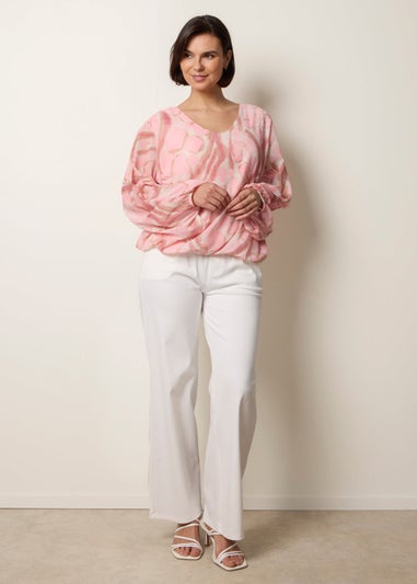 Blue Vanilla Pink Abstract Print V Neck Puffball Top