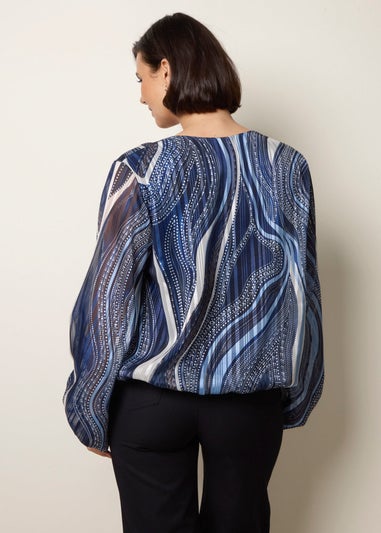 Blue Vanilla Navy Swirl And Dot Print V Neck Lurex Blouse