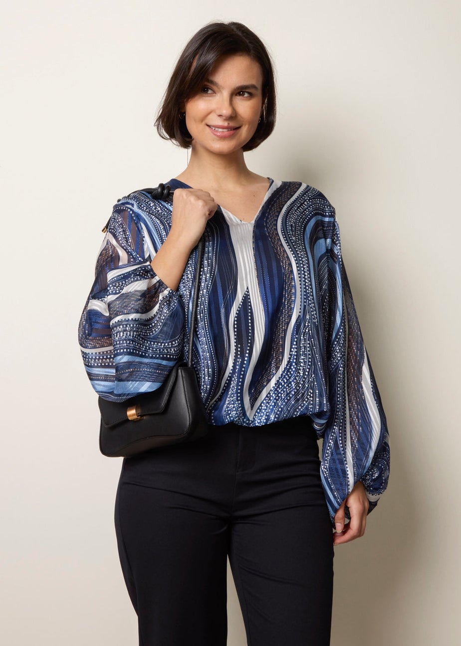 Blue Vanilla Navy Swirl And Dot Print V Neck Lurex Blouse