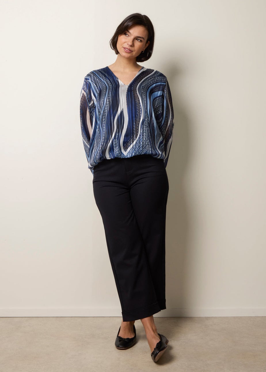 Blue Vanilla Navy Swirl And Dot Print V Neck Lurex Blouse