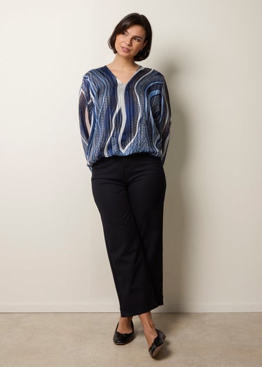 Blue Vanilla Navy Swirl And Dot Print V Neck Lurex Blouse