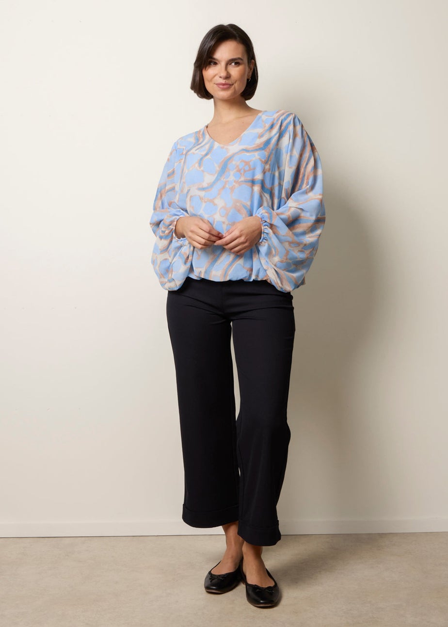 Blue Vanilla Blue Abstract Print V Neck Puffball Top