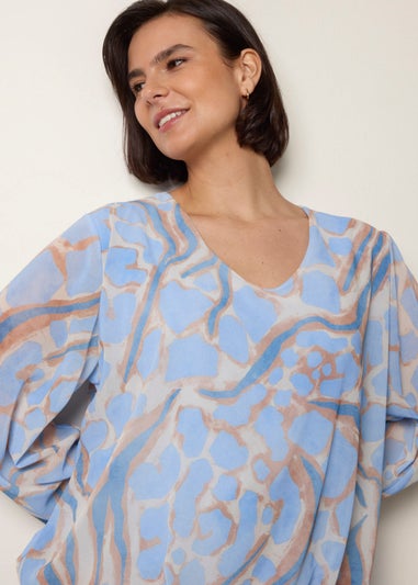 Blue Vanilla Blue Abstract Print V Neck Puffball Top