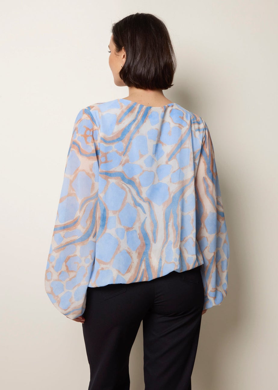 Blue Vanilla Blue Abstract Print V Neck Puffball Top