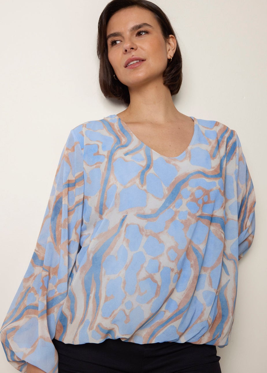 Blue Vanilla Blue Abstract Print V Neck Puffball Top