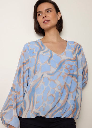 Blue Vanilla Blue Abstract Print V Neck Puffball Top