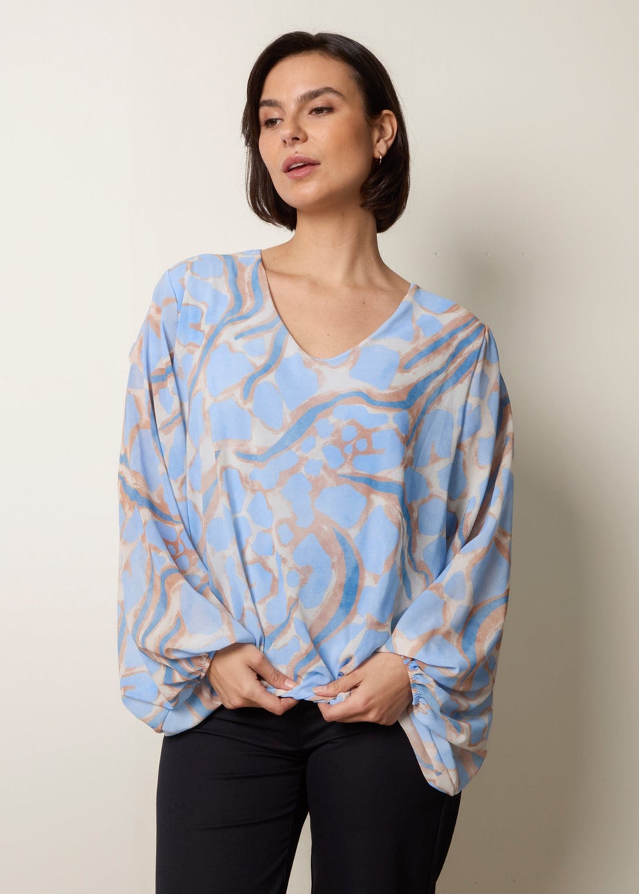 Blue Vanilla Blue Abstract Print V Neck Puffball Top