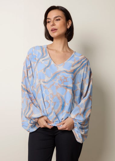 Blue Vanilla Blue Abstract Print V Neck Puffball Top